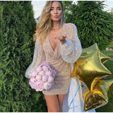 Hulianfu Sexy Sequins Women Party Mini Dress V-Neck Lantern Long Sleeve Female Night Club Evening Dresses Bodycon Short Dress Summer
