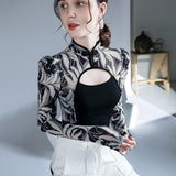 Hulianfu Printed Mesh Sexy Long Sleeve T Shirts Women Hollow Out Chinese Style Vintage Collar Patchwork Tee Shirt