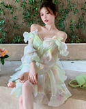 Hulianfu France Sweet Tie-dyed Fairy Dress Women Elegant Chic Ruffles V-Neck Long Sleeve Princess Dresses Female Casual Beach Vestidos