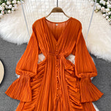 hulianfu Holiday Style Ankle Length Long Dresses Women  Spring New V Neck Puff Sleeve Lace Elegant Evening Party Summer Dress