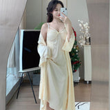 hulianfu Lace Nighty&Robe Set Kimono Bathrobe Gown Sleep Suit Women Sleepwear Nightwear Loungewear Spring Summer Satin Home Dress