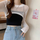 Hulianfu New Women Solid Sweater O-Neck Cropped Sweater Pullover Crop Top Female Short Sleeve Hollow Out Super Cropped Sweaters Shirts