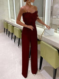 Hulianfu Jumpsuit Women Elegant Long Jumpsuit Strapless Slash Neck Feather Tube Top Sexy Fashion Party Night Evening Jumpsuit Summer