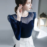 Hulianfu New Women Patched Mesh Crew Collar Elegant T Shirts Lady Ruffles Long Sleeve Velour Tops Tees T-Shirt For Women