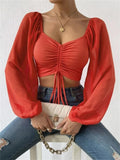 Hulianfu Fashion Sexy Low-cut Long Sleeve Crop Tops Women 2023 Summer Autumn Slim Solid Top Femme And Blouses Chiffon Shirt