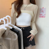 Hulianfu New Women Solid Sweater O-Neck Cropped Sweater Pullover Crop Top Female Short Sleeve Hollow Out Super Cropped Sweaters Shirts