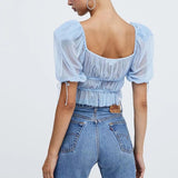 Summer hulianfu Women Solid Vintage Puff Sleeve Transparent Mesh Tops V Neck Short Sleeve Shirt Female Crop All-match Slim Blouse