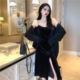 Hulianfu New Vintage Women Dress Spaghetti Strap Slit Velvet Black Dress Sexy Bodycon Bandage Dress Midi Party Dress Verano Vestidos