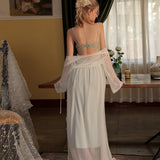 hulianfu 2 Pcs Lace Pajamas Nightgown Long Bride Robe Nightdress Wedding Pijama Silk Bathrobe Female Sexy Women Sleepwear