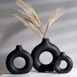 HULIANFU VILEAD Black Circular Hollow Ceramic Vase Donuts Nordic Flower Pot Home Decoration Accessories Office Living Room Interior Decor
