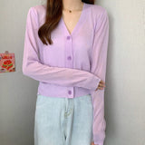 Hulianfu Summer V Neck Cardigan Women Casual Transparent Sweater Shirts Lady Simple Thin Solid Outwear Female Crop Top