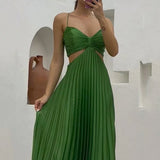 hulianfu Women Maxi Dress Summer Solid Sling Suspender Sleeveless Pleated Backless Lace Up Beach Party Dresses High Streetwear