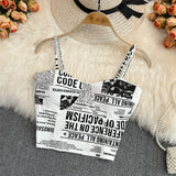 Hulianfu Women Push Up Camisole With Bra Sexy Top Women Suspender Tank Fashion Printed Newspaper Camis Female Soft Sleeveless Top