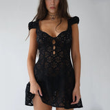 hulianfu Alinemyer Square Collar Black Mini Dress  Summer Sexy High Waist Short Sleeve Beachwear Bodycon Hollow Out Sundress Female