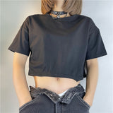 Hulianfu Harajuku Butterfly Wings Black T-shirt Sexy Hollow Out Short Sleeve Crop Top E-girl Dark Academia Grunge Pullovers Tees Women