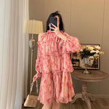 Lantern Sleeve Summer Dress New French Style Floral Dress for Women 2023 Sweet Elegant Tierred Knee Length Mini Dress