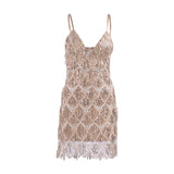Hulianfu New Year Birthday Party Dresses Vintage Tassel Dress Sexy Sequined V Neck Spghetti Strap Mesh Dress Women