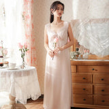 hulianfu V-Neck Sexy Sleeveless Long Nightdress for Women Bow Cute Nightgown Lace Sleepwear Ice Silk Loose Sleepdress Comfort Home Pijama