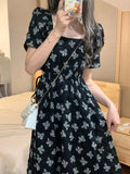 Hulianfu Vintage Black Square Collar Bandage Puff Sleeve Print Chiffon Midi Maxi Dresses for Women Party Dress Korea Clothing Summer