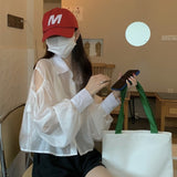 Hulianfu Shirts Women Hole Temperament Sun-proof Ins Vacation Thin Korean Style Sheer Off-shoulder BF Summer Students Beach