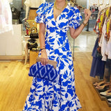 hulianfu Women Summer Maxi Dress Sexy Printed Short Puff Sleeve Long Skrt Pleated Party Dresses