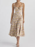 Hulianfu Spring Summer New Vintage Women Chic Lace-Up Slim Hollow Backless Slit Floral Square Collar Strap Long Midi Dress