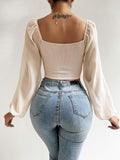 Hulianfu Fashion Sexy Low-cut Long Sleeve Crop Tops Women 2023 Summer Autumn Slim Solid Top Femme And Blouses Chiffon Shirt