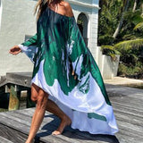 Summer Print Beach Dress Women Off Shoulder Cover-Ups Fashion Long Pareos Oversized Boho Dress Loose Swimsuit Cover-Ups Robe