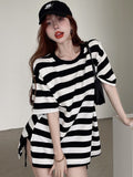 Hulianfu Striped T-shirts Women Slit M-4XL Streetwear Loose Summer Simple Short Sleeve All-match Students Ulzzang Fashion Casual Ins BF