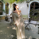 Hulianfu Vintage Korean V-neck Pleated Maxi Dresses for Women Ladies Party Fringed Lace Puff Sleeve Ruffled Lady Dreses Elegant Summer