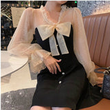 Hulianfu Vintage Elegant Mini Party Dress for Women Casual Lace Long Sleeve Dresses Bow Sexy One Piece Dress Korean Black Autumn New