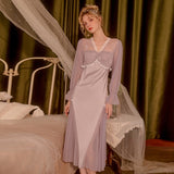 hulianfu New Silk Nightgown Sleepwear Dress Lady Summer Sleepshirt Long Sleeve Nightdress Loose Women Princess Satin Pajamas