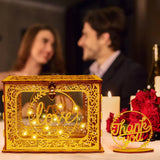 HULIANFU OurWarm Gold Wedding Card Box with Lock Wood Gift Box Holder with Clear Acrylic and String Light Design for Party Decorations