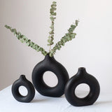 HULIANFU VILEAD Black Circular Hollow Ceramic Vase Donuts Nordic Flower Pot Home Decoration Accessories Office Living Room Interior Decor