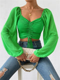 Hulianfu Fashion Sexy Low-cut Long Sleeve Crop Tops Women 2023 Summer Autumn Slim Solid Top Femme And Blouses Chiffon Shirt