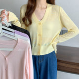 Hulianfu Summer V Neck Cardigan Women Casual Transparent Sweater Shirts Lady Simple Thin Solid Outwear Female Crop Top
