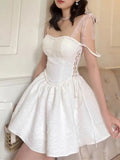 Hulianfu White Strap Dress 2023 Spring Summer New Sexy Holiday Fashion Slim Waist Hollow Tie Short Mini Dress For Women