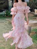 Hulianfu Floral Sweet Women Midi Dress Mesh Elegant Slash Neck Korean Summer Female Dresses Petal Sleeve Fashion Lady Vestido New