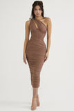 Hulianfu Summer Midi Mesh Dress Bodycon One Shoulder Eveining Night Party Dresse Cut Out Draped Women Birthday Dress Elegant Stretch
