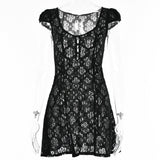 hulianfu Alinemyer Square Collar Black Mini Dress  Summer Sexy High Waist Short Sleeve Beachwear Bodycon Hollow Out Sundress Female