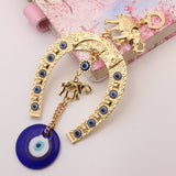 HULIANFU Turkish Blue Eye Horseshoe with Elephant and Ribbon Wall Hanging Amulet Ethnic Lucky Gift Pendants Home Car Hanging Decorations