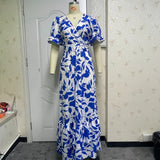 hulianfu Women Summer Maxi Dress Sexy Printed Short Puff Sleeve Long Skrt Pleated Party Dresses