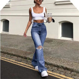 Hulianfu new style micro-bladed jeans women's ripped European and American high-waisted wide-leg flared trousers all-match loose