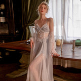 hulianfu Satin Sexy Victorian Night Dress Women Lace Sleepwear Long Robe Bow Pajamas Sets Perspective Camisole Lingerie Nightgown