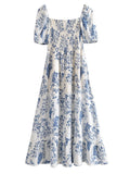Hulianfu New Summer Women Vintage Fruit Floral Print Square Neck Puff Sleeves Elastic Sexy Side Slit Long  Midi Dress