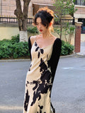 Hulianfu Vintage Elegant Print Spaghetti Strap Midi Dress for Women Party Fashion One Piece Bodycon Prom Robe Vestidos Summer Korean