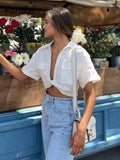 hulianfu Pockets Turn Down Collar Shirt Crop Top Cotton Linen White High Fashion Blusa Mujer Loose Casual Summer Spring Blouse