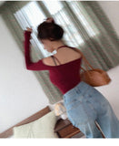 Hulianfu Women Cropped Tee Shirts Lady Long Sleeve Halter Slash Neck Stretchy Crop Tops Girls Slim T Shirts