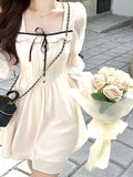 Hulianfu Lolita Bandage Mini Dress for Women Party Y2k Casual Long Flare Sleeve Vintage One Piece Dress Elegant Korea Fashion Autumn