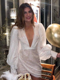 Hulianfu Sexy Sequins Women Party Mini Dress V-Neck Lantern Long Sleeve Female Night Club Evening Dresses Bodycon Short Dress Summer